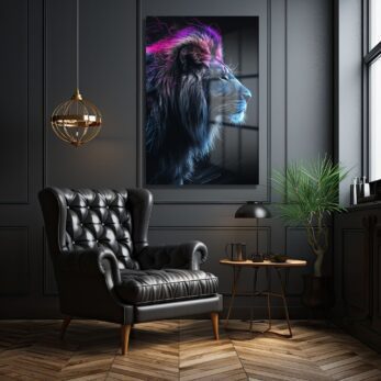 Aslanın Ruhu: Neon Işıltılı Modern Cam Tablo - Glazella