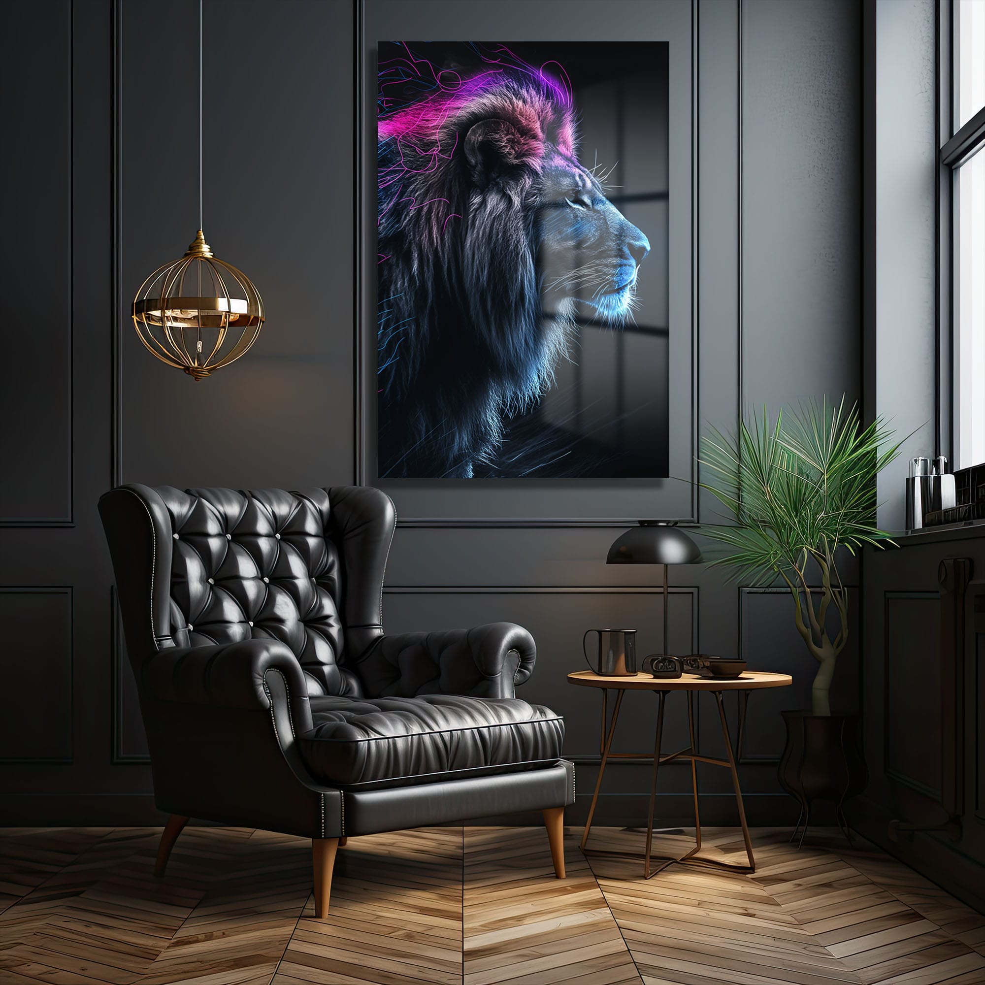 Aslanın Ruhu: Neon Işıltılı Modern Cam Tablo - Glazella Aslanın Ruhu: Neon Işıltılı Modern Cam Tablo - Glazella