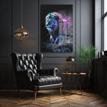 Neon Enerjili Aslan: Modern Sanat Temperli Cam Tablo - Glazella