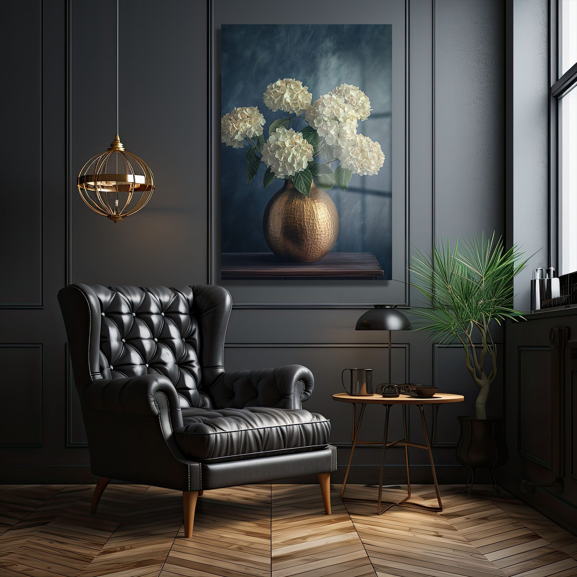 Elegansın Dokunuşu: Altın Vazoda Beyaz Hydrangea Cam Tablo - Glazella Elegansın Dokunuşu: Altın Vazoda Beyaz Hydrangea Cam Tablo - Glazella