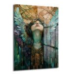 Ethereal Kanatlar: Mistik Ruhların Çağrısı Cam Tablo Duvar Dekoru Ethereal Kanatlar: Mistik Ruhların Çağrısı Cam Tablo, teal, derin yeşil ve altın tonlarında ruhani bir figürün kanatlarla yükselişini betimleyen, 4mm temperli camdan yapılmış modern bir duvar sanatı eseridir.