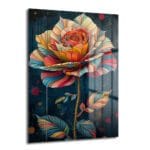 Koyu fon üzerinde rengarenk yapraklarıyla parlayan bir gülü tasvir eden, modern sanat tarzında, 4mm temperli camdan yapılmış Rengarenk Rüya Gülü: Modern Sanat Temperli Cam Tablo.