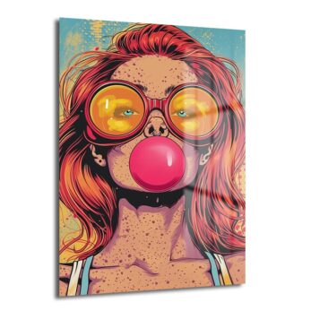 Pop Art Sakız Balonlu Kız: Canlı ve Asi Ruh Cam Tablo - Glazella