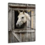 Beyaz Atın Zarafeti: Rustic Ahşap Pencerede Cam Tablo - Glazella Beyaz Atın Zarafeti: Rustic Ahşap Pencerede Cam Tablo - Glazella