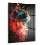 Vibrant Kedi: Modern Sanat Temperli Cam Tablo, dinamik renklerle işlenmiş, modern sanat tarzında, canlı bir kedi figürünü gösteren, yüksek kaliteli temperli camdan yapılmış bir duvar dekoru.
