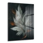 Ethereal Tüylerin Dansı: Modern Soyut Cam Tablo Duvar Dekoru Ethereal Tüylerin Dansı: Modern Soyut Cam Tablo, koyu zeminde beyaz ve gri narin tüylerin süzülüşünü gösteren, temperli camdan yapılmış dekoratif bir duvar sanatı.