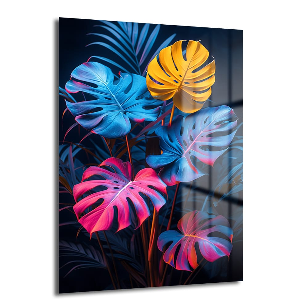 Neon Tropik: Canlı Monstera Yaprakları Modern Cam Tablo Duvar Dekoru Neon Tropik: Canlı Monstera Yaprakları Modern Cam Tablo ürünü, koyu zemin üzerinde neon mavi, fuşya ve parlak sarı renkte parlayan canlı monstera yapraklarını betimleyen modern bir cam duvar sanatı.