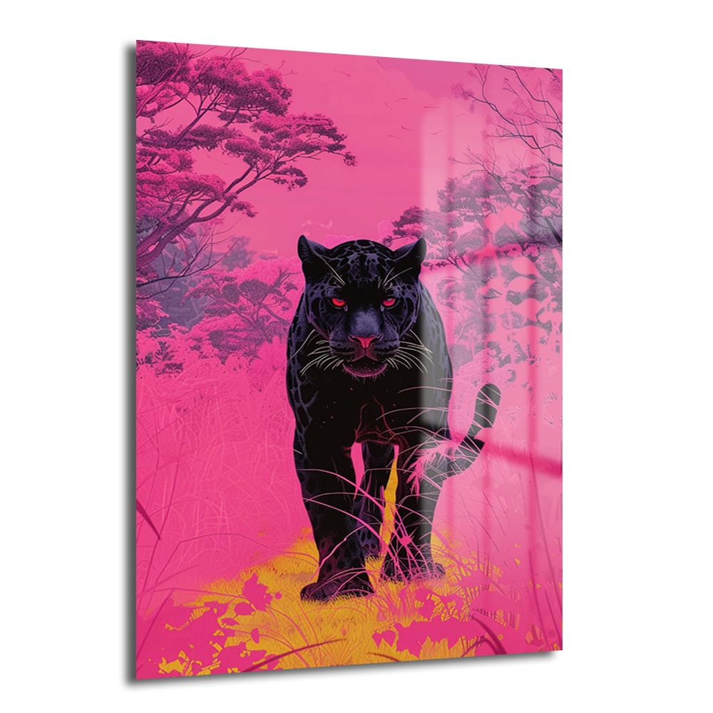 Neon Ormanın Hükümdarı: Siyah Panter Modern Cam Tablo Duvar Dekoru Neon pembe ve mor ormanda kırmızı gözlü siyah panterin asil duruşunu sergileyen Neon Ormanın Hükümdarı: Siyah Panter Modern Cam Tablo.