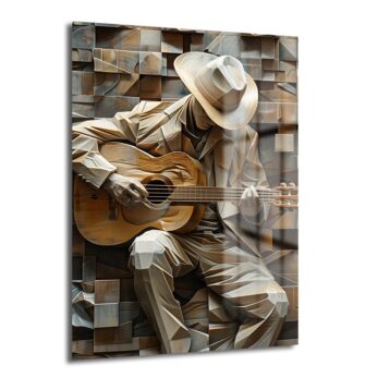 Geometrik Uyum: Gitarist Sanat Temalı Modern Cam Tablo, şapkalı bir gitaristin soyut çizgiler ve kahverengi, bej, gri tonlarıyla modern sanatı yansıtan dekoratif cam duvar tablosu.