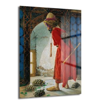 Osman Hamdi Bey'den Kaplumbağa Terbiyecisi Efsanevi Temperli Cam Tablo, 4mm dayanıklı temperli cam üzerine UV baskı ile üretilmiş, rodajlı kenarlara sahip, ev ve ofis dekorasyonu için ideal, kolay temizlenebilen sanat eseri.