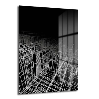 Fütüristik Şehir Manzarası: Modern Siyah Beyaz Wireframe Cam Tablo - Glazella
