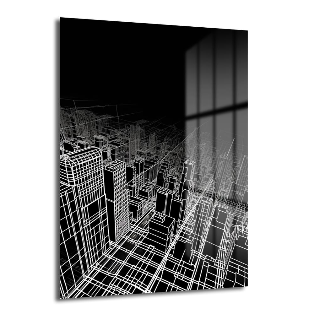 Fütüristik Şehir Manzarası: Modern Siyah Beyaz Wireframe Cam Tablo Duvar Dekoru Fütüristik Şehir Manzarası: Modern Siyah Beyaz Wireframe Cam Tablo, siyah ve beyazın keskin çizgileriyle oluşturulmuş, üç boyutlu, modern ve fütüristik bir şehir siluetini gösteren dekoratif cam tablo.