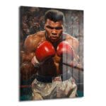 Efsanevi Ruh: Muhammed Ali Boksör Portre Dekoratif Cam Tablo, ringde kararlı bakışları, kahverengi teni ve kırmızı eldivenleriyle efsanevi boksör Muhammed Ali'yi canlı renklerle gösteren modern bir cam tablodur.