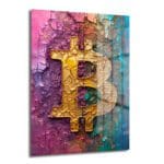 Canlı pembe, mor, altın ve turkuaz renklerde çatlak dokulu bir zeminde modern bir Bitcoin sembolünü gösteren Dinamik Bitcoin: Canlı Renklerle Modern Kripto Sanat Cam Tablo.