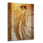Altın Işıltılı Zarafet: Modern Art Deco Kadın Cam Tablo Duvar Dekoru Altın Işıltılı Zarafet: Modern Art Deco Kadın Cam Tablo, altın, bronz ve krem tonlarında, stilize edilmiş Art Deco kadın figürü içeren, temperli camdan yapılmış lüks bir duvar dekoru.