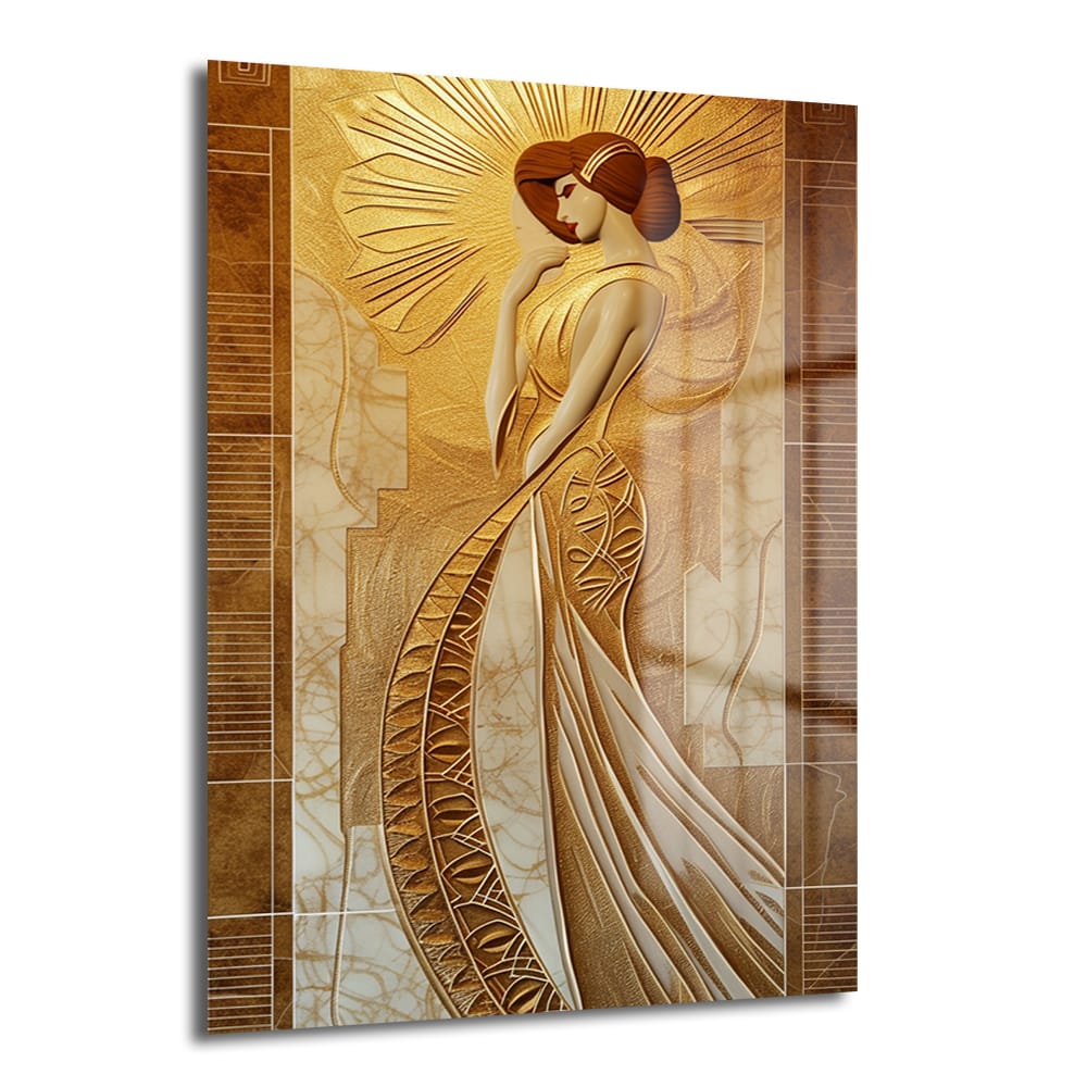 Altın Işıltılı Zarafet: Modern Art Deco Kadın Cam Tablo - Glazella Altın Işıltılı Zarafet: Modern Art Deco Kadın Cam Tablo - Glazella