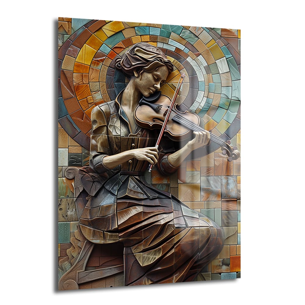 Ruhun Melodisi: Mozaik Sanat Keman Çalan Kadın Cam Tablo Duvar Dekoru Ruhun Melodisi: Mozaik Sanat Keman Çalan Kadın Cam Tablo, keman çalan bir kadını mozaik ve kübist sanat tarzında, bakır, bronz ve toprak tonlarıyla modern mavi-yeşil nüanslarla gösteren dekoratif bir cam tablo.