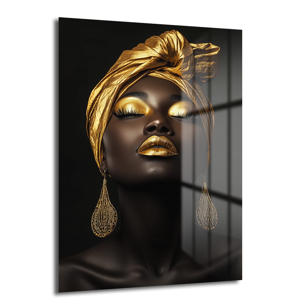 Altın Dokunuşların Büyüsü: Lüks Modern Afro Kadın Cam Tablo - Glazella Altın Dokunuşların Büyüsü: Lüks Modern Afro Kadın Cam Tablo - Glazella