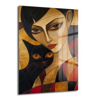 Gizemli Bakışlar: Art Deco Kadın ve Kara Kedi Cam Tablo - Glazella