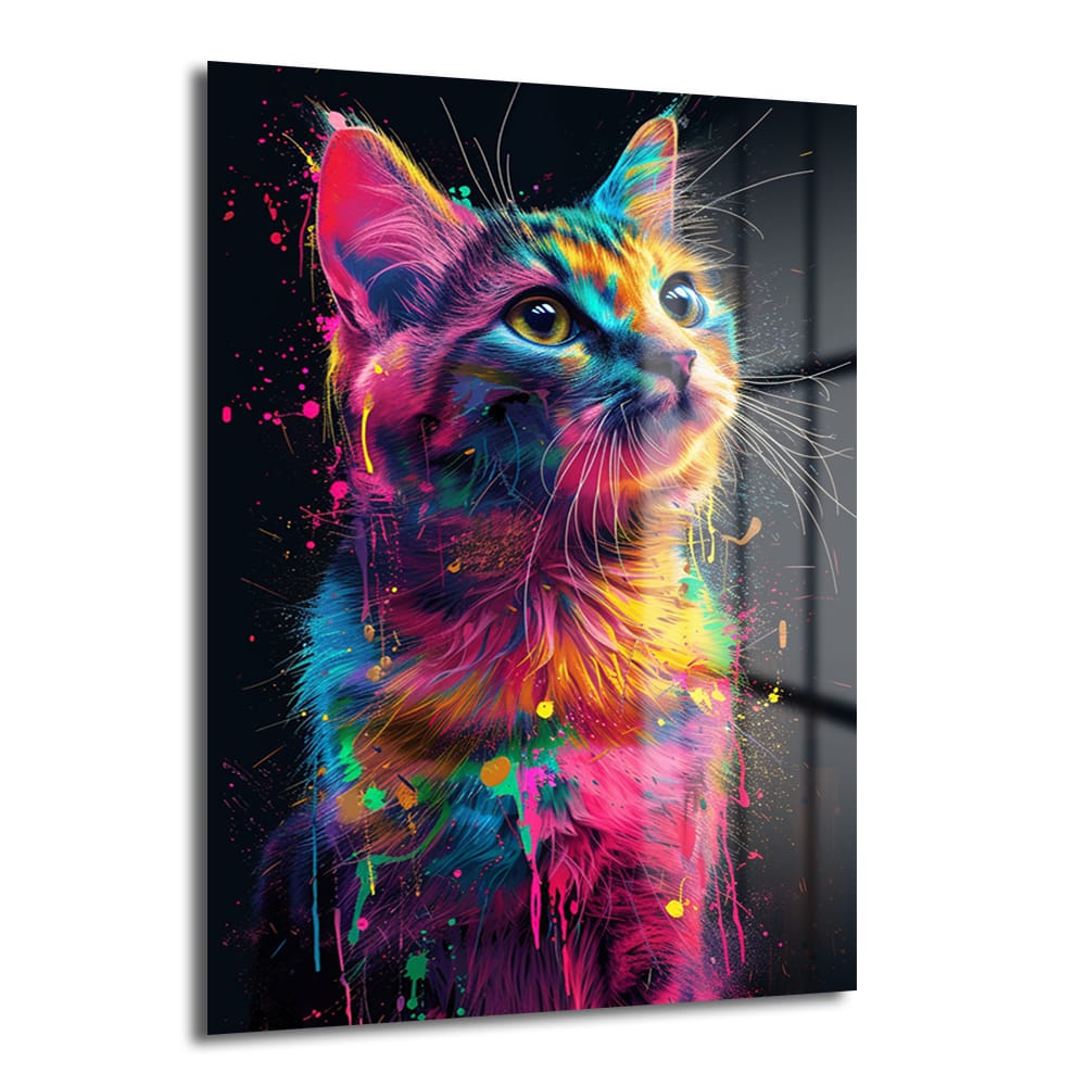 Neon Rüyası: Renkli Sıçramalarla Modern Kedi Cam Tablo Duvar Dekoru Neon Rüyası: Renkli Sıçramalarla Modern Kedi Cam Tablo, siyah fon üzerinde canlı neon pembe, mavi, sarı ve yeşil renk sıçramalarıyla oluşturulmuş, soyut ve modern bir kedi figürünü gösteren parlak 4mm temperli cam tablo.