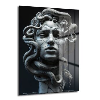 Medusa'nın Gücü: Antik Heykel Temalı Temperli Cam Tablo - Glazella