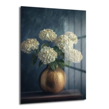 Elegansın Dokunuşu: Altın Vazoda Beyaz Hydrangea Cam Tablo - Glazella