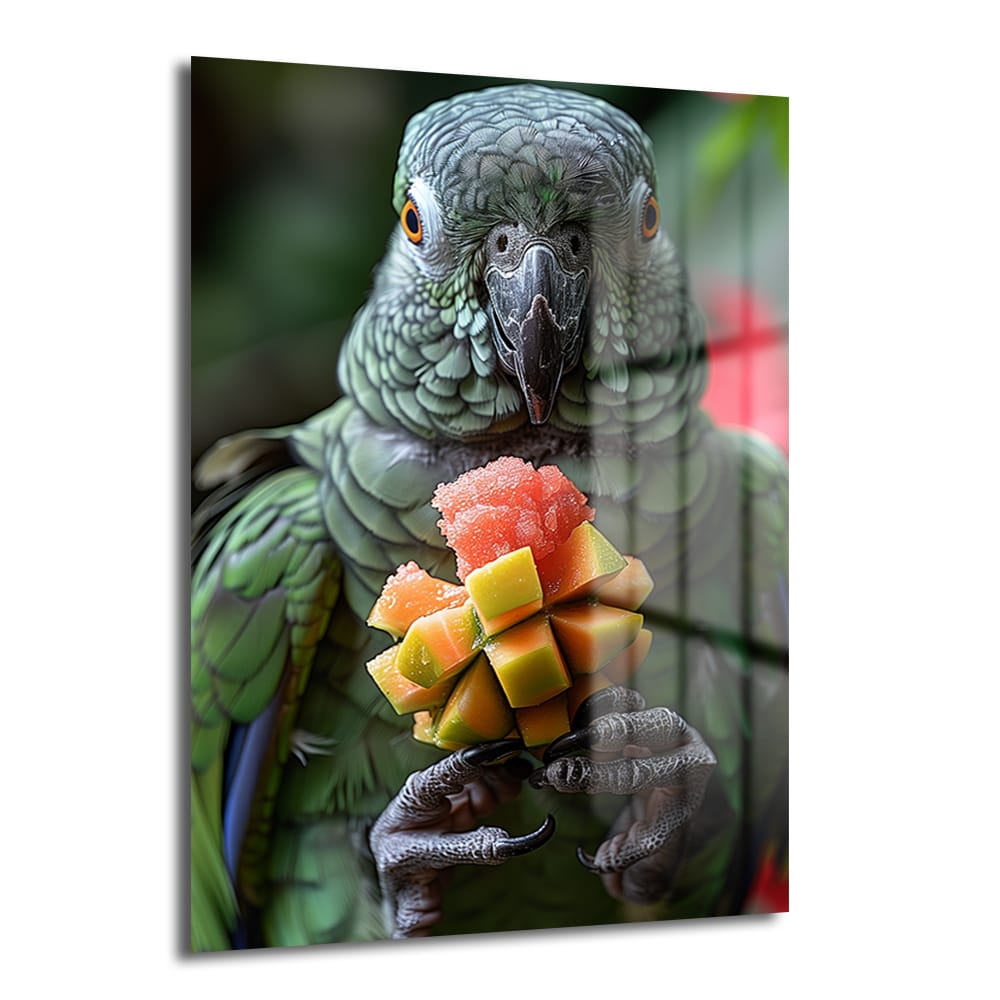 Neşeli Papağan'ın Meyve Ziyafeti: Canlı Temperli Cam Tablo - Glazella Neşeli Papağan'ın Meyve Ziyafeti: Canlı Temperli Cam Tablo - Glazella