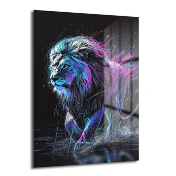Neon Enerjili Aslan: Modern Sanat Temperli Cam Tablo - Glazella