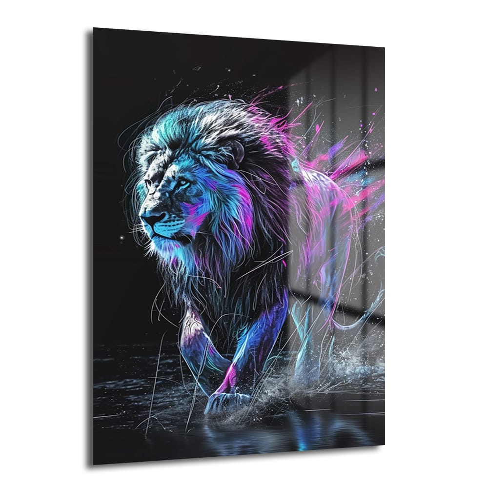 Neon Enerjili Aslan: Modern Sanat Temperli Cam Tablo - Glazella Neon Enerjili Aslan: Modern Sanat Temperli Cam Tablo - Glazella