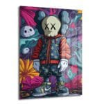 Urban Rüyalar Kaws Stili: Canlı Renkler Modern Cam Tablo Duvar Dekoru Urban Rüyalar Kaws Stili: Canlı Renkler Modern Cam Tablo, Kaws'tan ilham alan karakteri, Louis Vuitton desenli urban kıyafetler içinde, canlı pembe, mor, turkuaz, sarı egzotik çiçekler ve gizemli kafatası detaylarıyla zenginleşen modern bir sanat eserini gösteriyor.