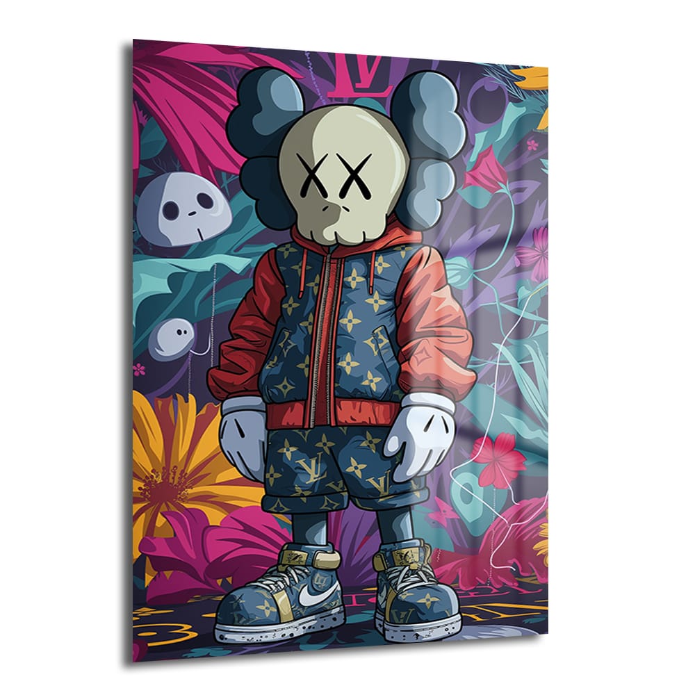 Urban Rüyalar Kaws Stili: Canlı Renkler Modern Cam Tablo Duvar Dekoru Urban Rüyalar Kaws Stili: Canlı Renkler Modern Cam Tablo, Kaws'tan ilham alan karakteri, Louis Vuitton desenli urban kıyafetler içinde, canlı pembe, mor, turkuaz, sarı egzotik çiçekler ve gizemli kafatası detaylarıyla zenginleşen modern bir sanat eserini gösteriyor.