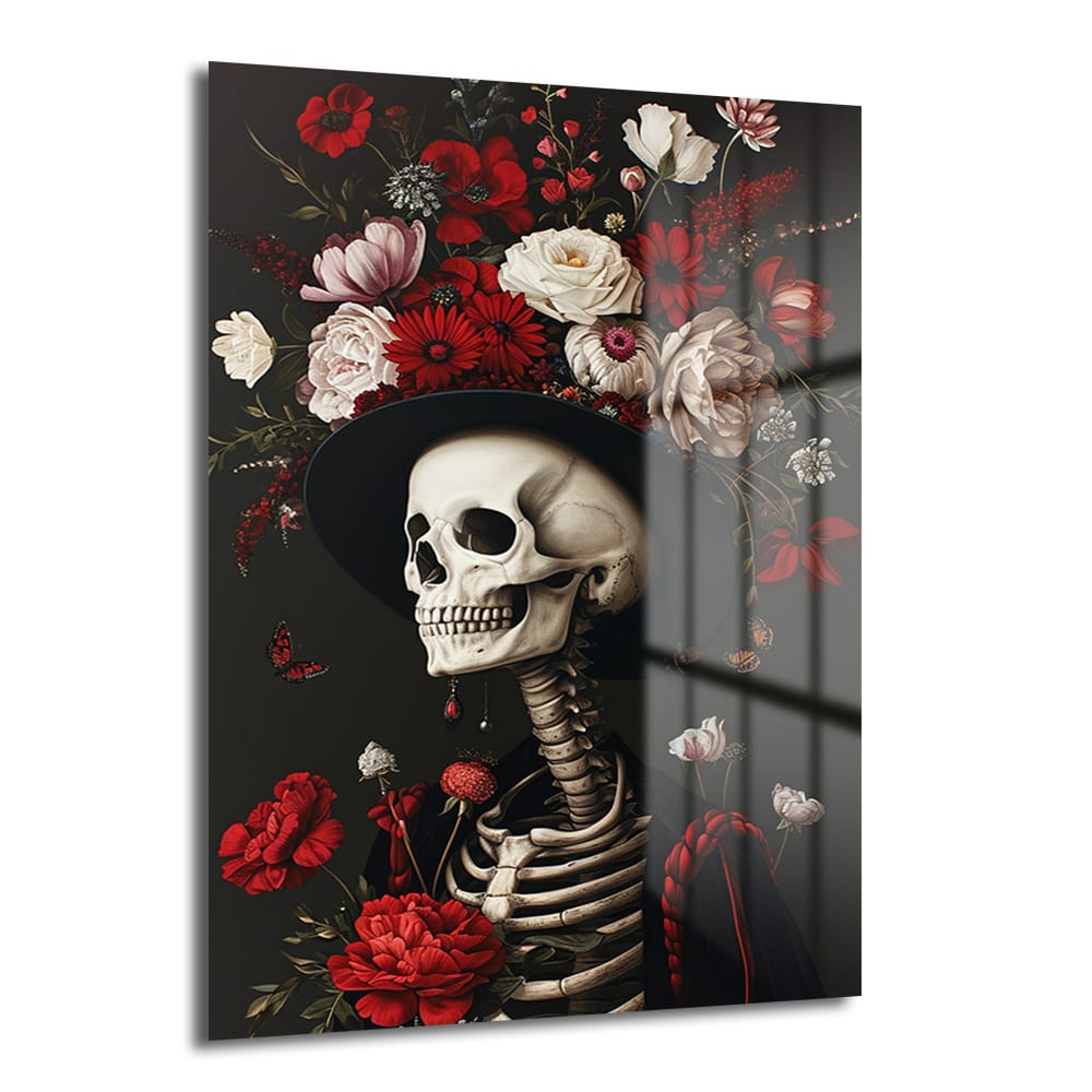 Çiçekli Şapkalı İskelet: Gotik Romantizmin Temperli Cam Tablosu - Glazella Çiçekli Şapkalı İskelet: Gotik Romantizmin Temperli Cam Tablosu - Glazella