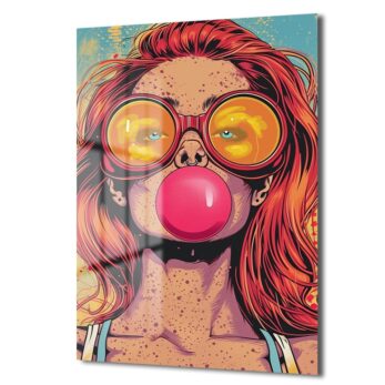 Pop Art Sakız Balonlu Kız: Canlı ve Asi Ruh Cam Tablo - Glazella Pop Art Sakız Balonlu Kız: Canlı ve Asi Ruh Cam Tablo - Glazella