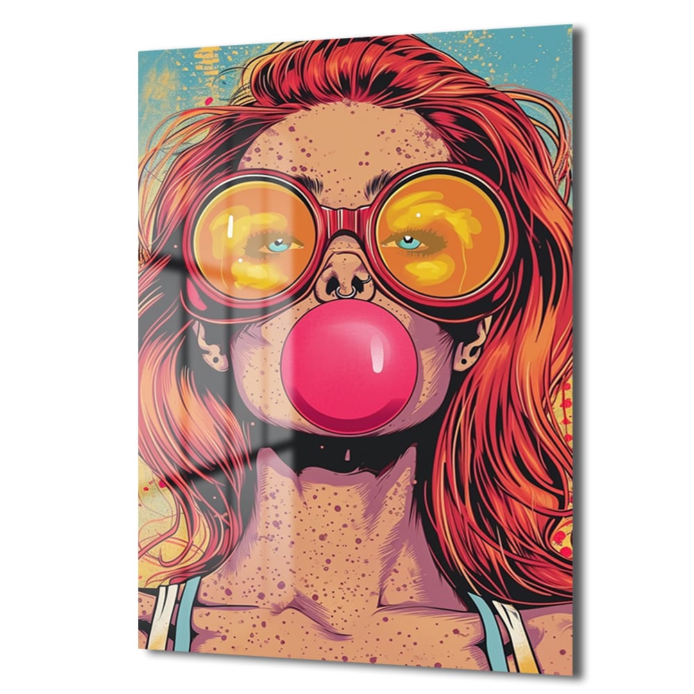 Pop Art Sakız Balonlu Kız: Canlı ve Asi Ruh Cam Tablo - Glazella Pop Art Sakız Balonlu Kız: Canlı ve Asi Ruh Cam Tablo - Glazella
