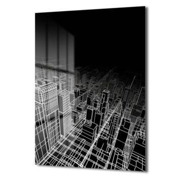Fütüristik Şehir Manzarası: Modern Siyah Beyaz Wireframe Cam Tablo - Glazella Fütüristik Şehir Manzarası: Modern Siyah Beyaz Wireframe Cam Tablo - Glazella