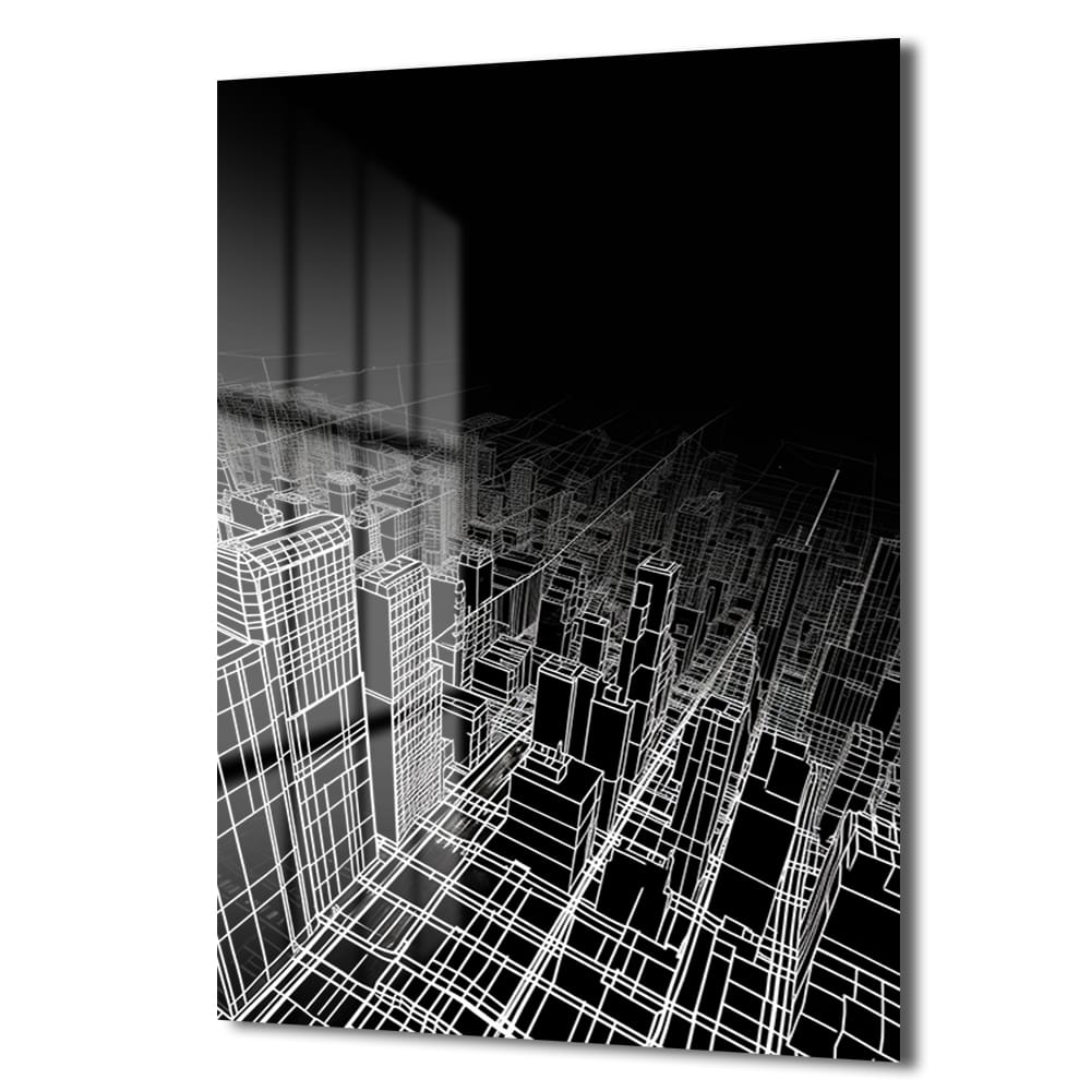 Fütüristik Şehir Manzarası: Modern Siyah Beyaz Wireframe Cam Tablo Duvar Dekoru Fütüristik Şehir Manzarası: Modern Siyah Beyaz Wireframe Cam Tablo - Görsel 4
