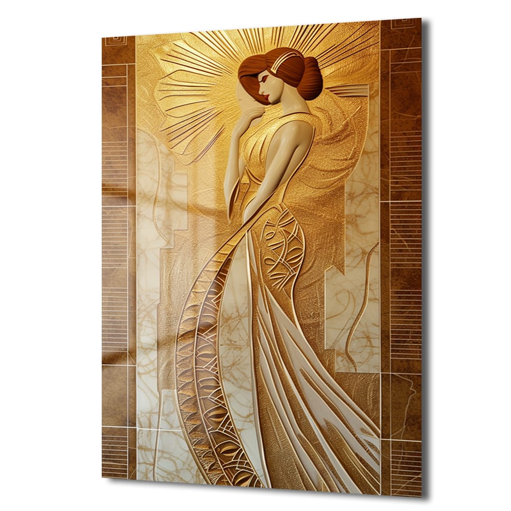 Altın Işıltılı Zarafet: Modern Art Deco Kadın Cam Tablo - Glazella Altın Işıltılı Zarafet: Modern Art Deco Kadın Cam Tablo - Glazella