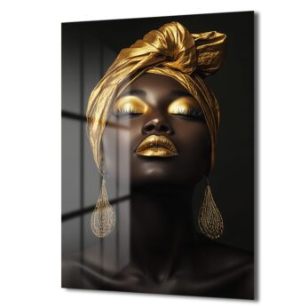 Altın Dokunuşların Büyüsü: Lüks Modern Afro Kadın Cam Tablo - Glazella Altın Dokunuşların Büyüsü: Lüks Modern Afro Kadın Cam Tablo - Glazella