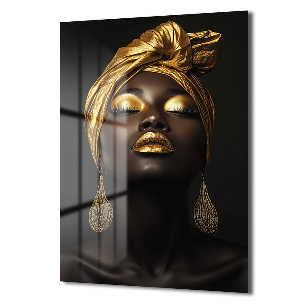 Altın Dokunuşların Büyüsü: Lüks Modern Afro Kadın Cam Tablo - Glazella Altın Dokunuşların Büyüsü: Lüks Modern Afro Kadın Cam Tablo - Glazella