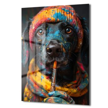 Sanatçı Ruhlu Dost: Renkli Köpek Cam Tablo - Glazella