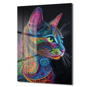 Canlı Renklerin Dansı: Psychedelic Kedi Desenli Temperli Cam Tablo - Glazella Canlı Renklerin Dansı: Psychedelic Kedi Desenli Temperli Cam Tablo - Glazella