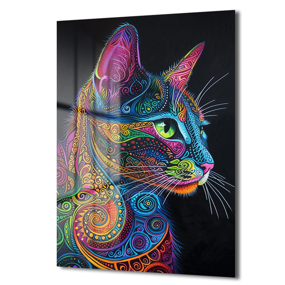 Canlı Renklerin Dansı: Psychedelic Kedi Desenli Temperli Cam Tablo - Glazella Canlı Renklerin Dansı: Psychedelic Kedi Desenli Temperli Cam Tablo - Glazella