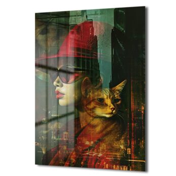Şehrin Ritmi ve Kedi Gözlü Kadın: Modern Cam Tablo - Glazella