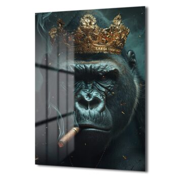 Kral Gorilla: Taçlı ve Karizmatik Modern Cam Tablo - Glazella