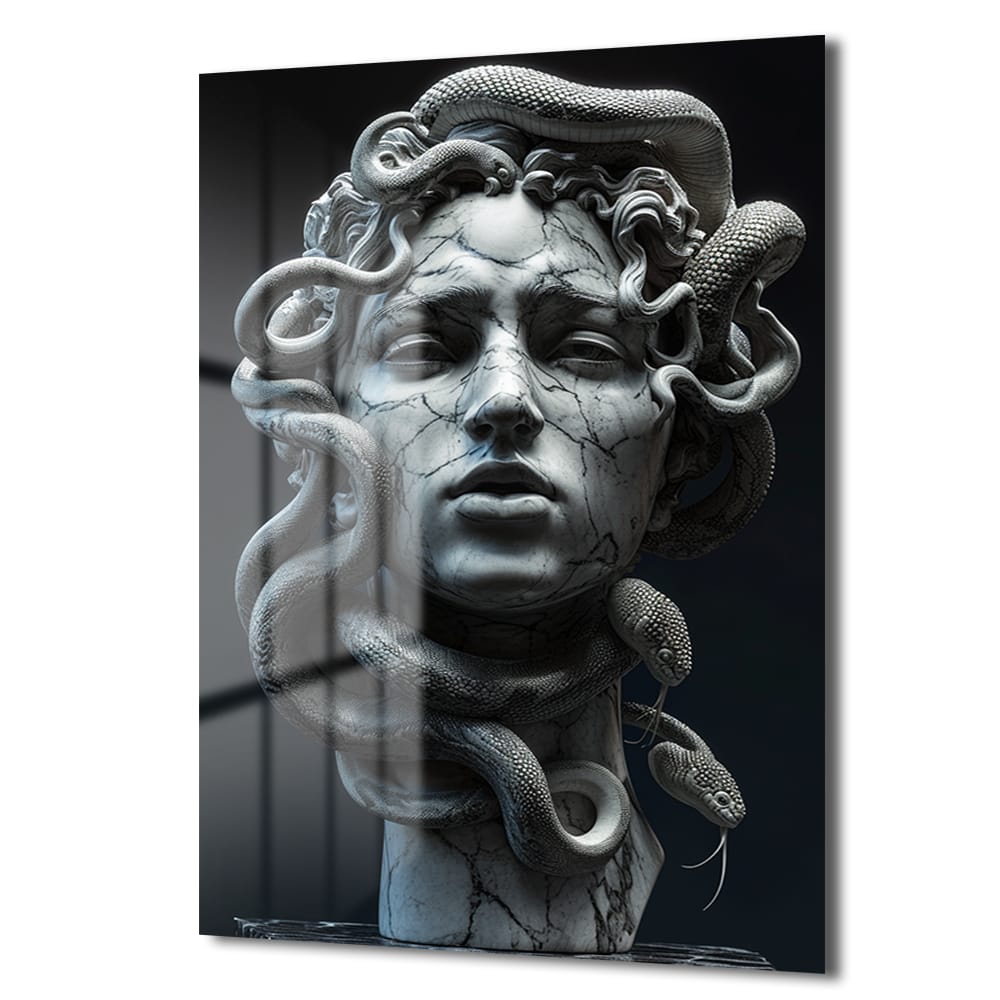 Medusa'nın Gücü: Antik Heykel Temalı Temperli Cam Tablo - Glazella Medusa'nın Gücü: Antik Heykel Temalı Temperli Cam Tablo - Glazella