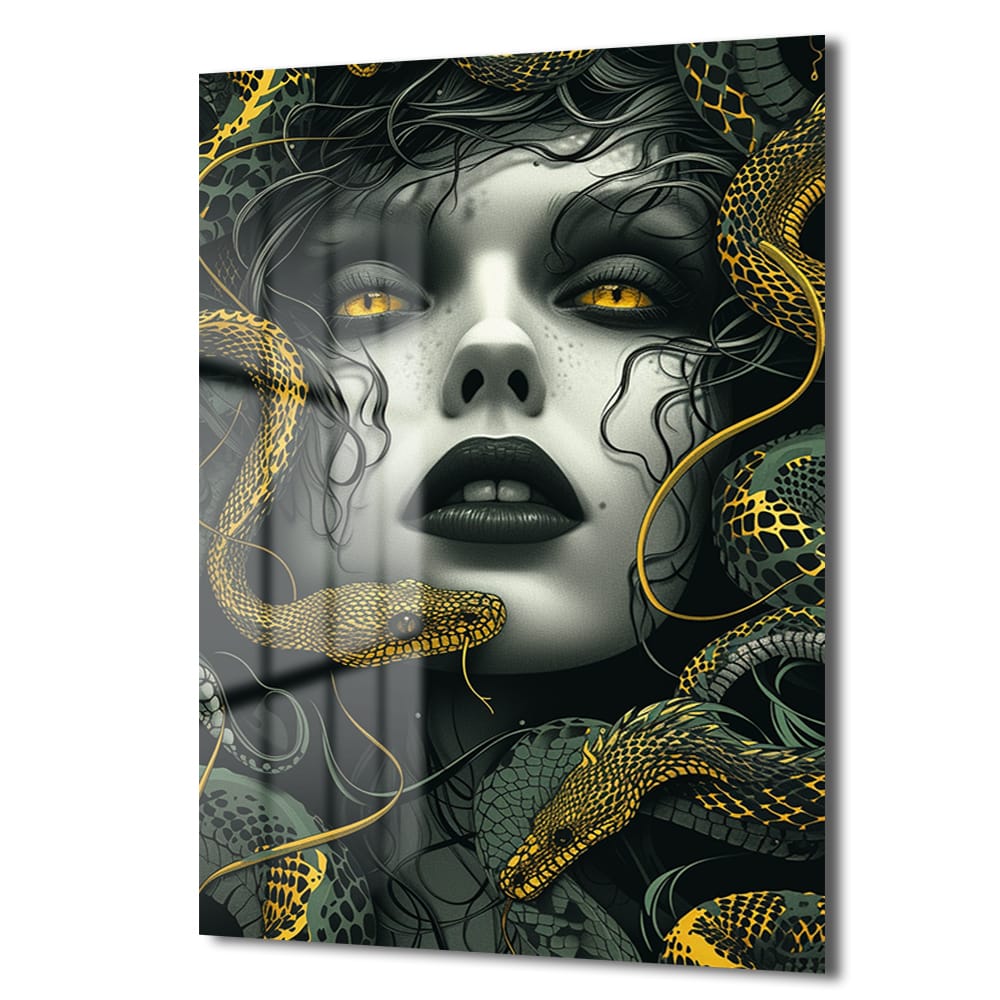 Medusa'nın Büyüleyici Bakışı: Modern Mitolojik Cam Tablo | Duvar Dekorasyonu - Glazella Medusa'nın Büyüleyici Bakışı: Modern Mitolojik Cam Tablo | Duvar Dekorasyonu - Glazella