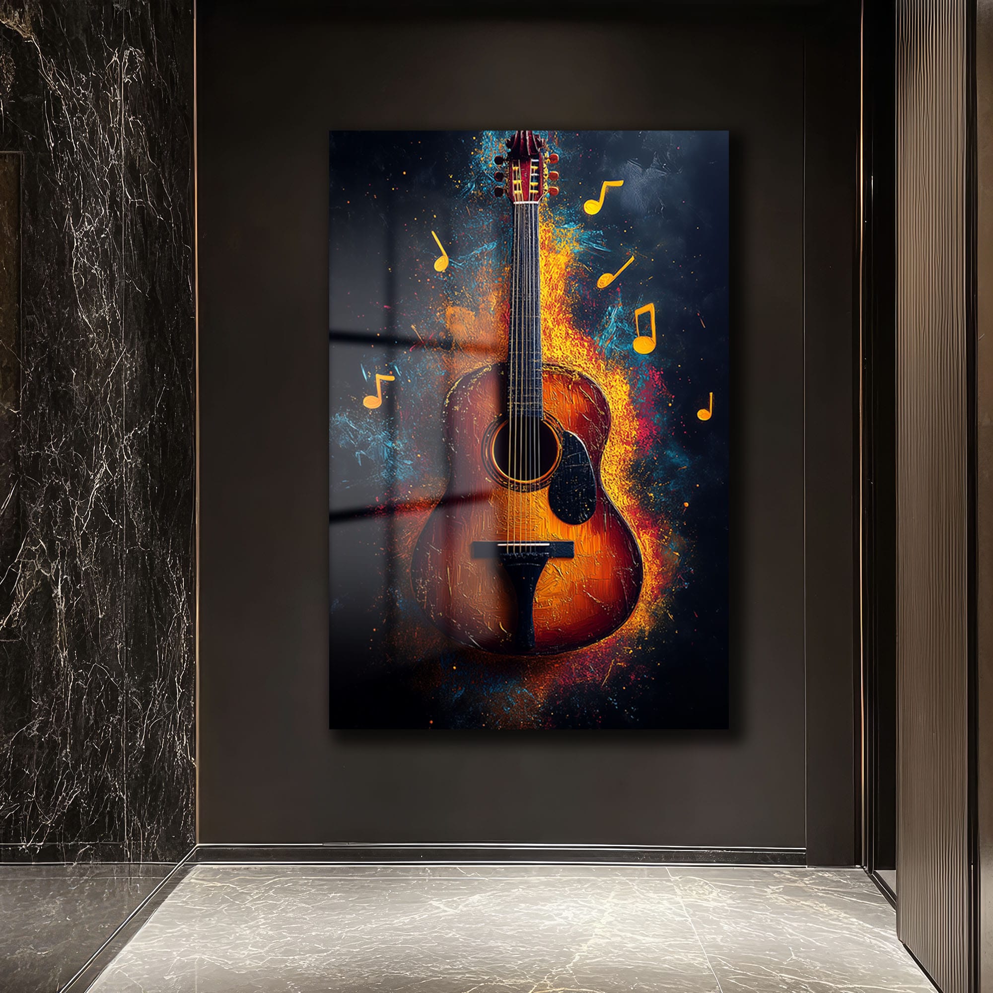 Melodinin Dansı: Enerjik Gitar Temalı Soyut Cam Tablo Duvar Dekoru Melodinin Dansı: Enerjik Gitar Temalı Soyut Cam Tablo - Görsel 2
