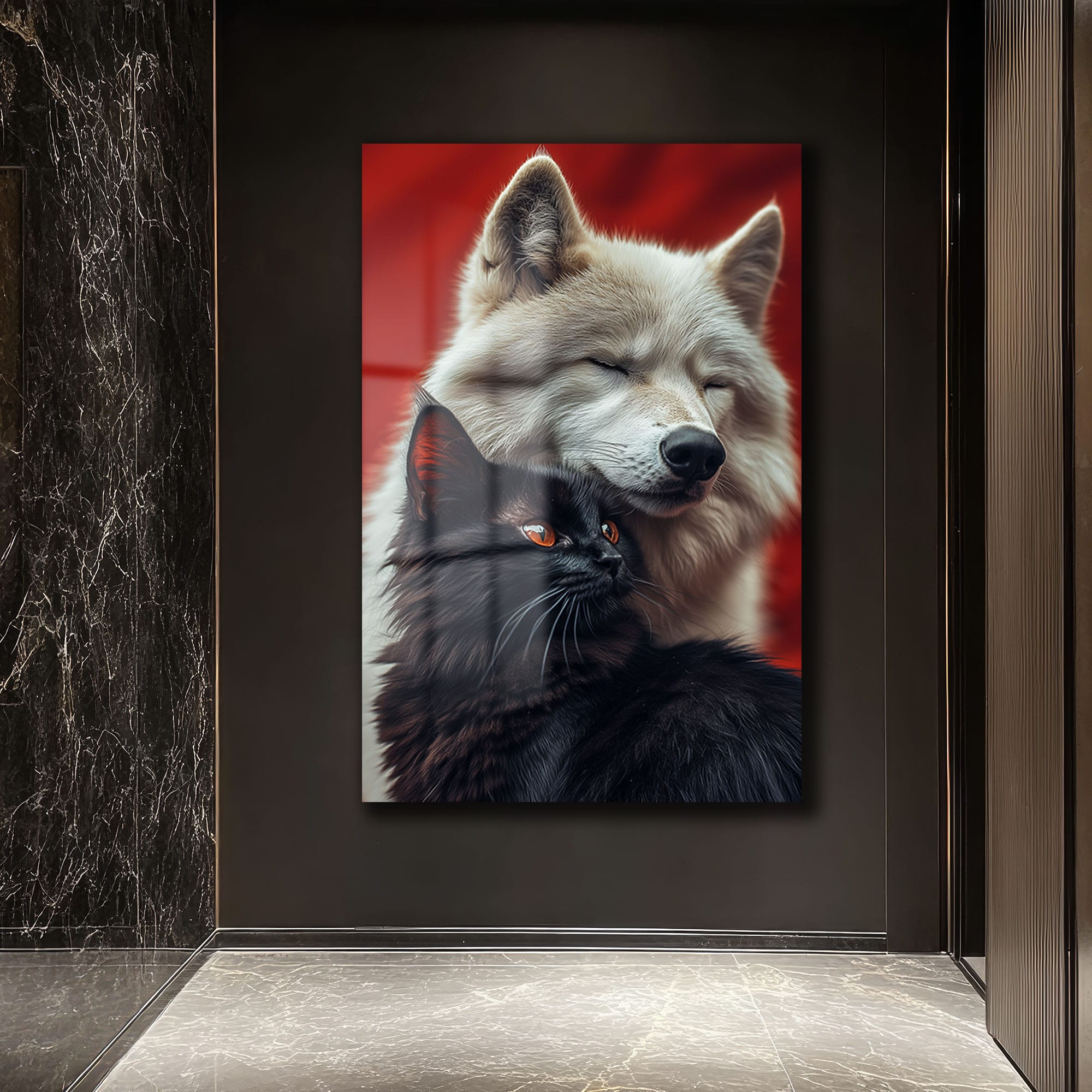 Gizemli Uyum: Kurt ve Kara Kedi Temalı Modern Cam Tablo Duvar Dekoru Gizemli Uyum: Kurt ve Kara Kedi Temalı Modern Cam Tablo - Görsel 2