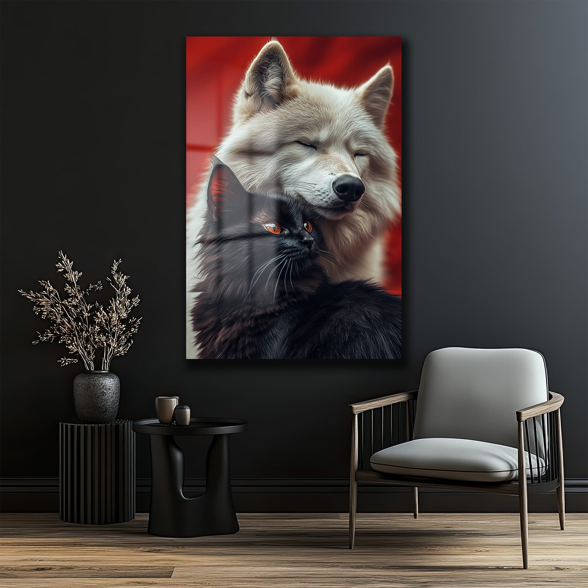 Gizemli Uyum: Kurt ve Kara Kedi Temalı Modern Cam Tablo Duvar Dekoru Gizemli Uyum: Kurt ve Kara Kedi Temalı Modern Cam Tablo - Görsel 3