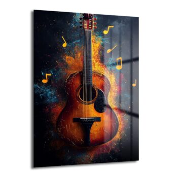 Melodinin Dansı: Enerjik Gitar Temalı Soyut Cam Tablo, canlı renklerde soyut bir gitar figürü ve sarı notalarla müzikal bir dansı betimleyen modern bir duvar sanatı.